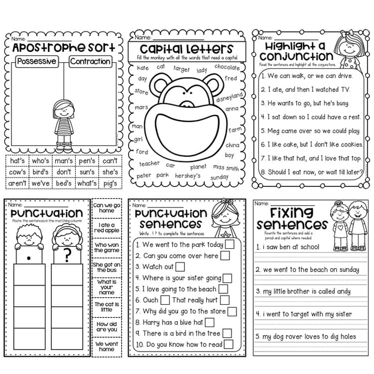 Grammar Worksheet Bundle - Nouns, Adjectives, Verbs, Punctuation and more!
