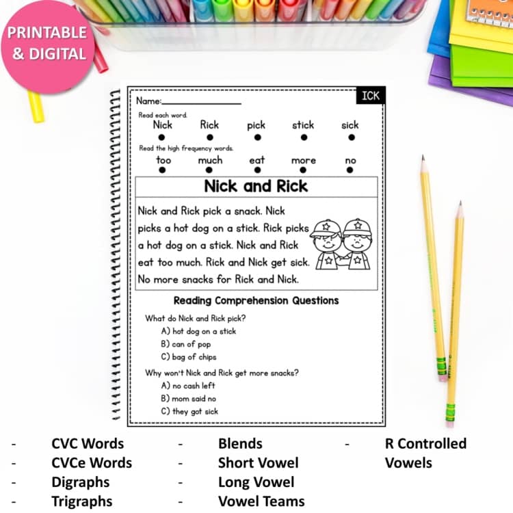 Phonics Worksheets Reading Fluency Passage with Comprehension and Question ELA