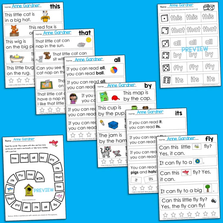 Kindergarten 1st Grade CVC & HFW Fry Sight Word Practice Reading Passages & Game