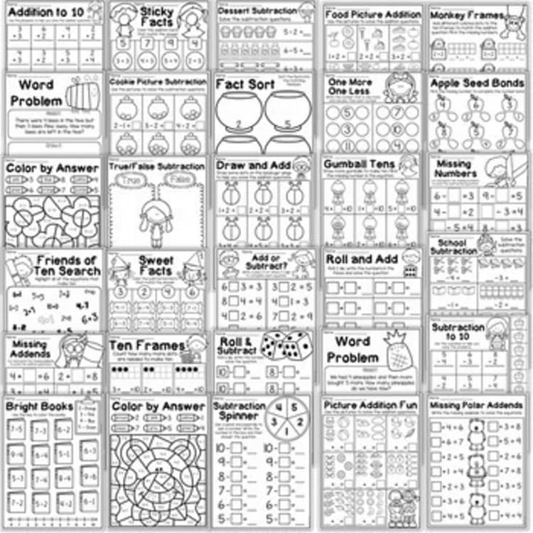 Kindergarten Math Worksheet Bundle - Addition, Subtraction, Place Value, Shapes