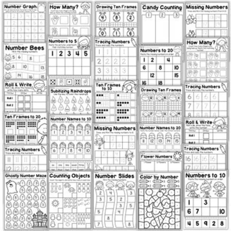 Kindergarten Math Worksheet Bundle - Addition, Subtraction, Place Value, Shapes
