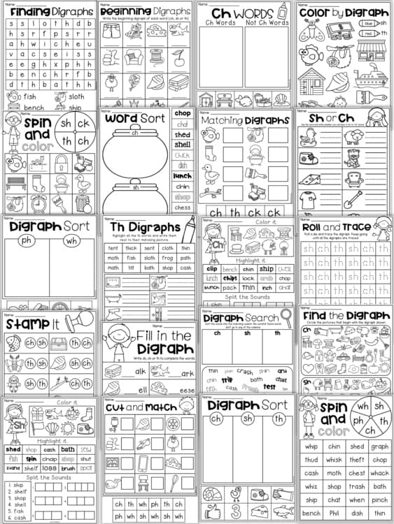 Digraph Worksheet Packet - Ck, Ch, Sh, Th, Wh, Ph