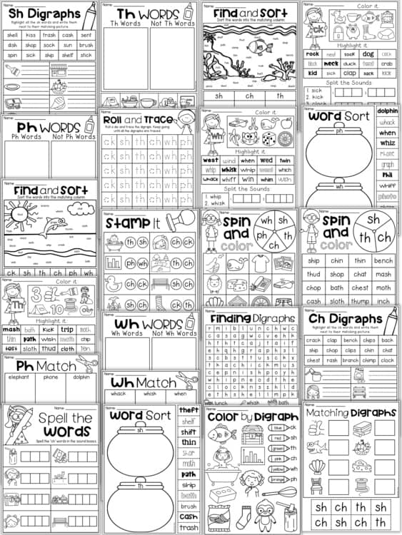 Digraph Worksheet Packet - Ck, Ch, Sh, Th, Wh, Ph