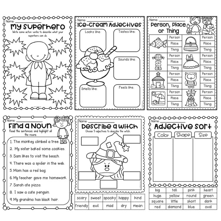 Grammar Worksheet Bundle - Nouns, Adjectives, Verbs, Punctuation and more!