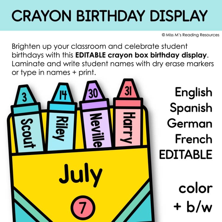 Classroom Decor Birthday Bulletin Board EDITABLE Crayon Happy Birthday Display